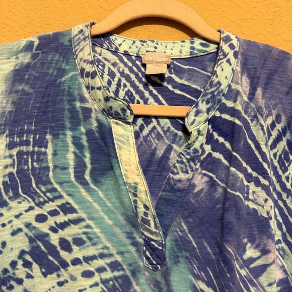 Chico's Tie Dyed Sharkbite Hem Tunic Top Womens Size 3 US XL Blue Boho Beachy - Picture 4 of 8